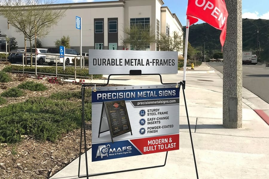 A metal A-frame sign from 4OVER4 shown at the standard 24 by 36 inch panel size