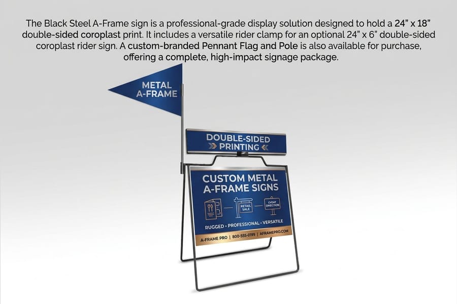A metal A-frame sign by 4OVER4 with bold high-contrast type readable from a distance