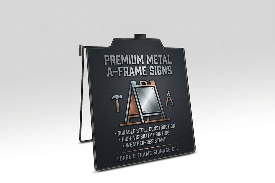 A metal A-frame sign by 4OVER4 with a clean high-impact layout
