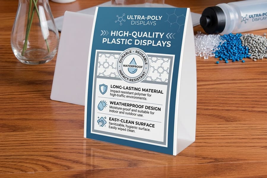 Clean, high-contrast table tent design printed by 4OVER4