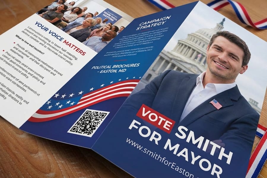 Political brochures printed by 4OVER4 with a candidate layout and disclaimer panel
