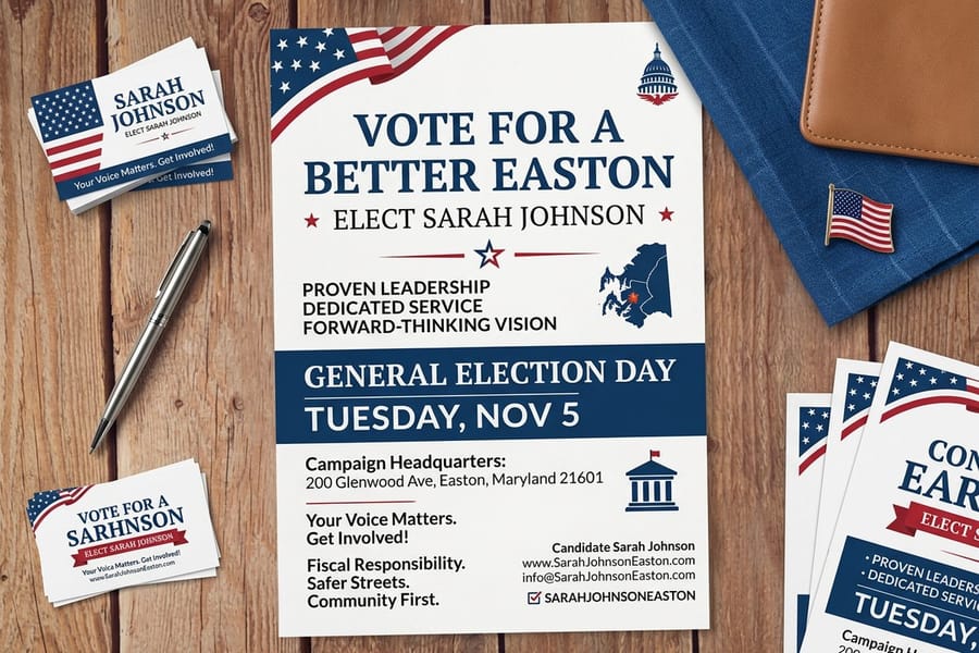 Political flyers printed by 4OVER4 stacked with the candidate name set large across the top