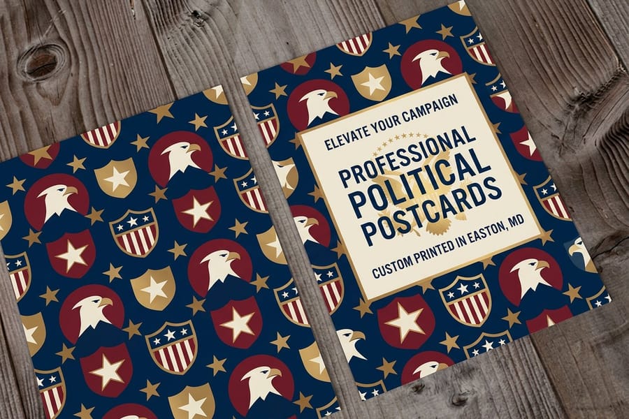 Political postcards printed by 4OVER4 stacked for an Every Door Direct Mail carrier route drop