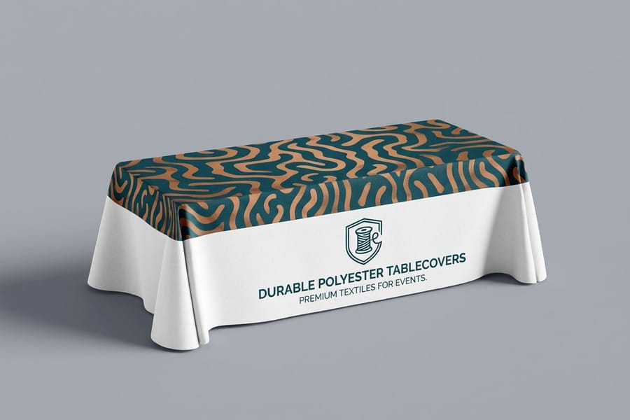 Polyester table cover from 4OVER4 draping over a display table with full-color print