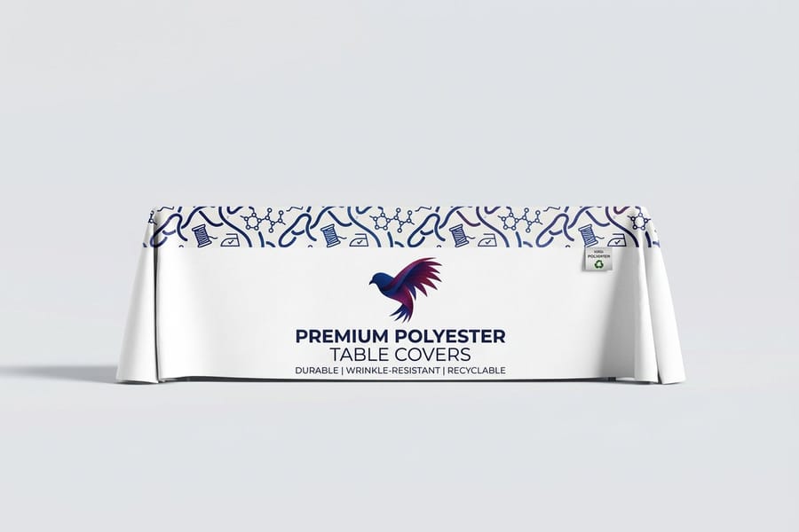 Matte polyester table cover printed full color by 4OVER4 with a clean logo across the front drop