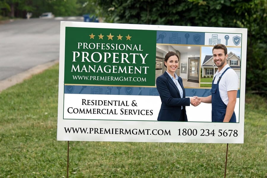 Property management signs printed by 4OVER4 and shipped to individual sites