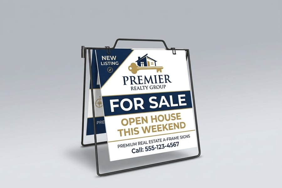 A real-estate A-frame sign from 4OVER4 placed at a property entrance