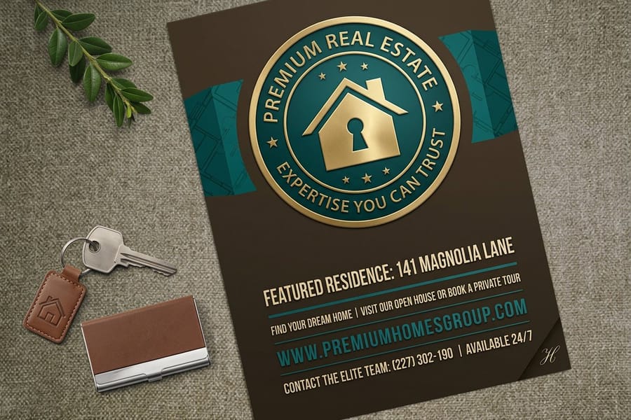 Real estate flyers printed by 4OVER4 with a full width property photo and interior photo strip