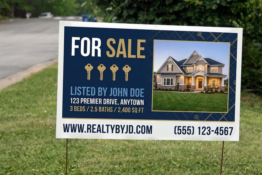 Real estate signs printed by 4OVER4 with a status rider strip below the main panel