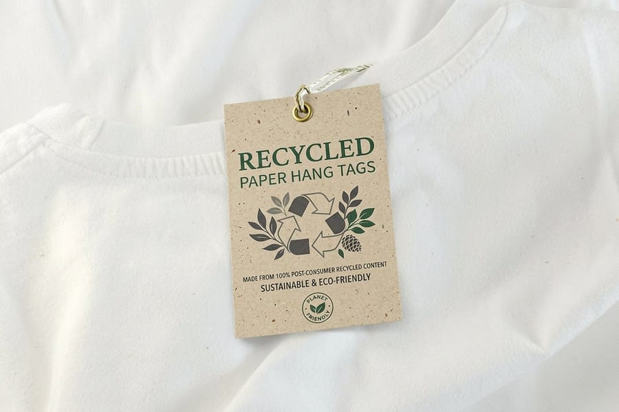 Recycled hang tags printed by 4OVER4 on recovered fibre stock with string attached
