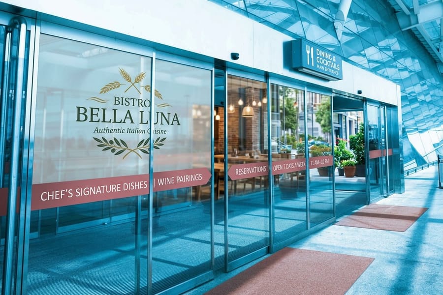 Restaurant storefront window cling advertising a promotion, from 4OVER4
