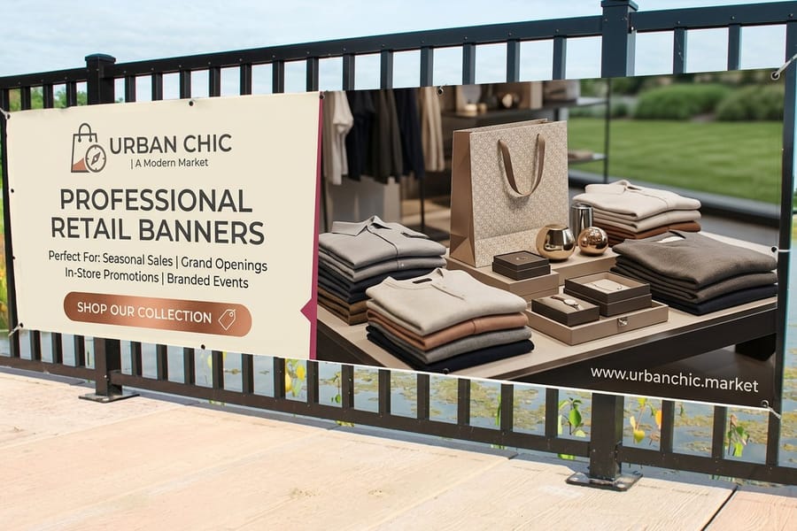 Retail banner on scrim vinyl with hemmed edges and grommets along the top