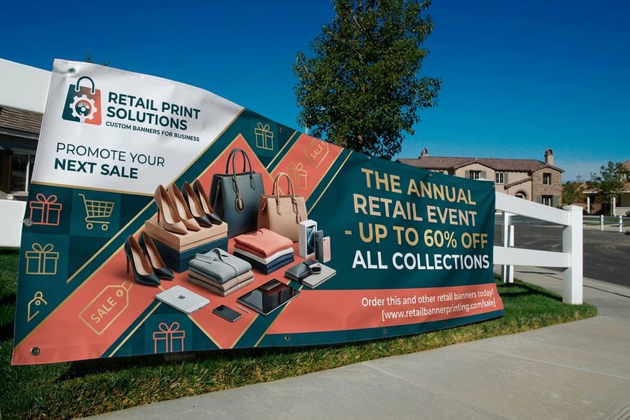 Large format retail banner artwork printed in full colour by 4OVER4