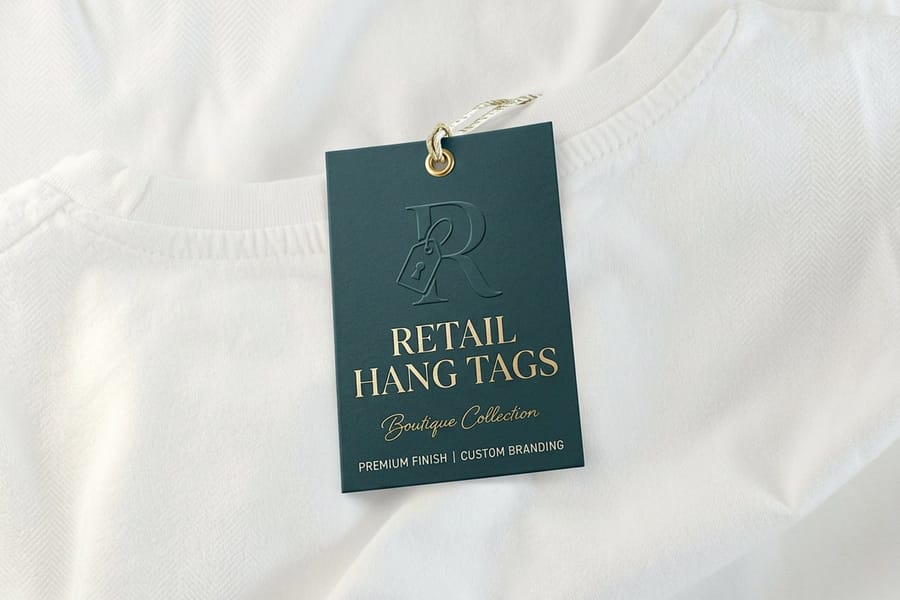 Retail hang tags printed by 4OVER4 for point-of-sale branding