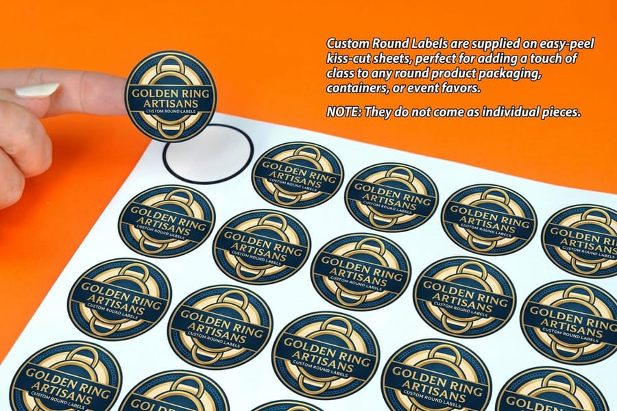 Round labels printed by 4OVER4 in full color with a clean die cut circular edge