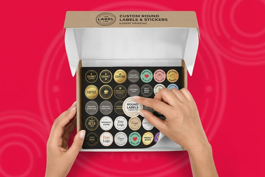 Round labels printed by 4OVER4 in full color on a gloss label face