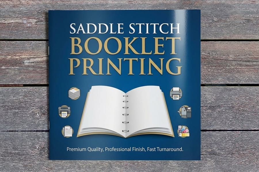 Saddle stitch booklet stapled at the folded spine, printed by 4OVER4