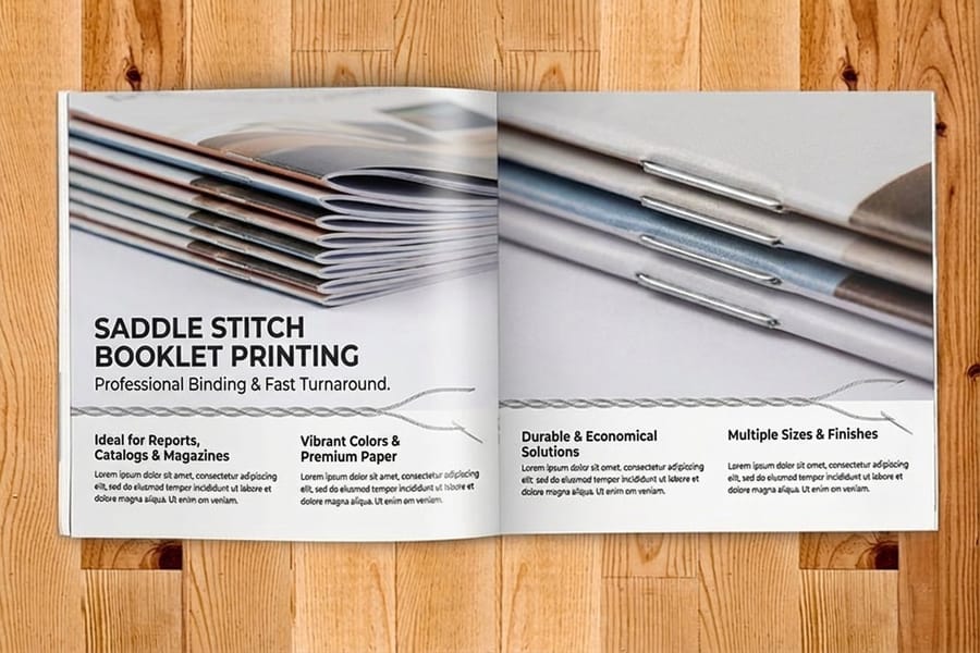 Flat-opening saddle stitch booklet for reference use, printed by 4OVER4