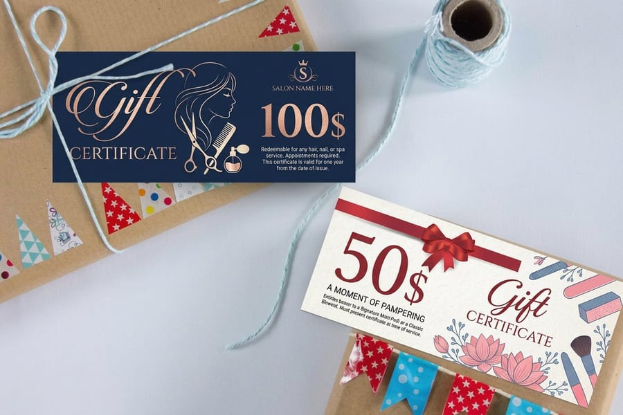 Salon gift certificates printed by 4OVER4 showing the long narrow format