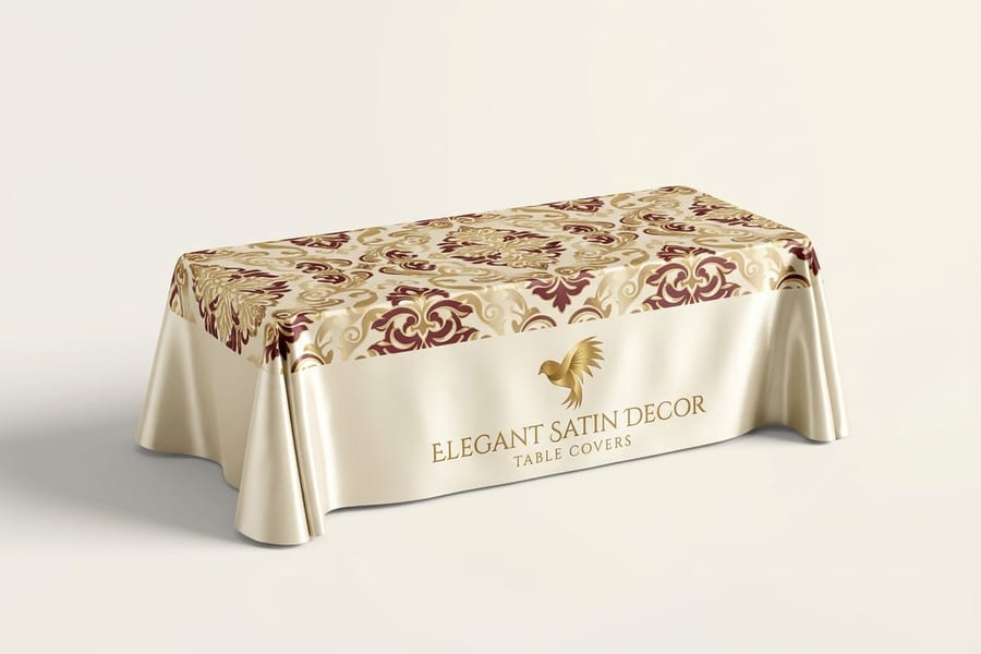 A satin fabric table cover printed by 4OVER4 showing a smooth, bright full-color surface