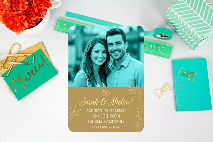 Save-the-date postcard from 4OVER4 showing the message and address sharing one back
