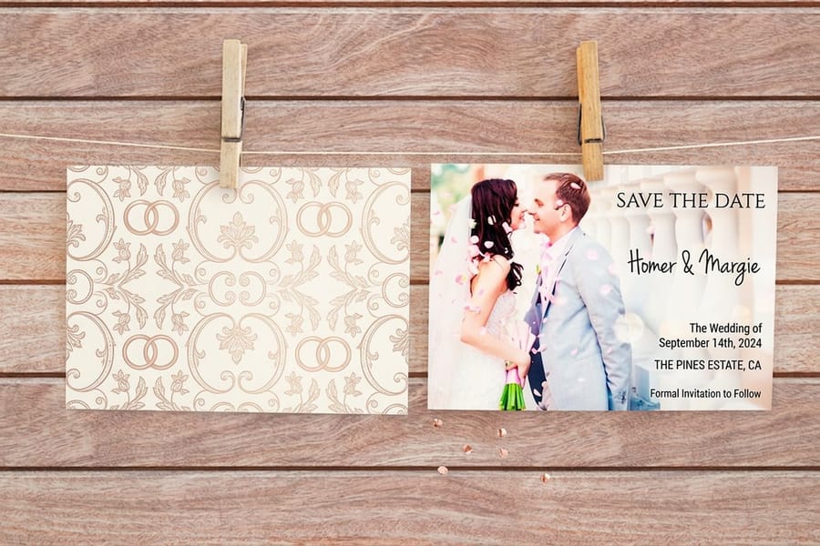 Save the date card layout with room for a QR code, from 4OVER4