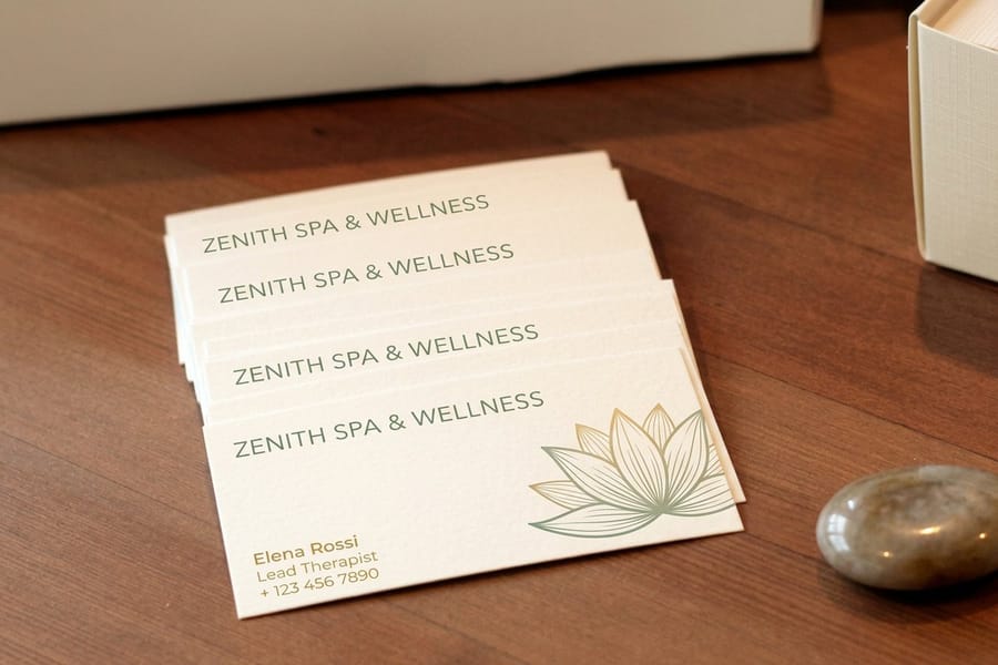 Spa business cards printed by 4OVER4 in a soft palette, sized for a wallet and usable as referral cards