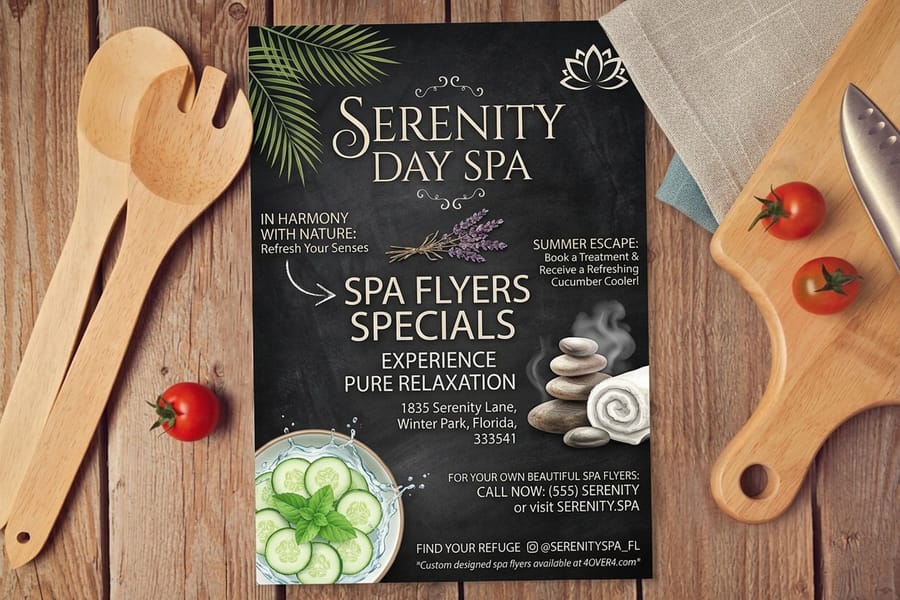 Spa flyer printed by 4OVER4 used as a service menu, showing treatment listings on a coated sheet
