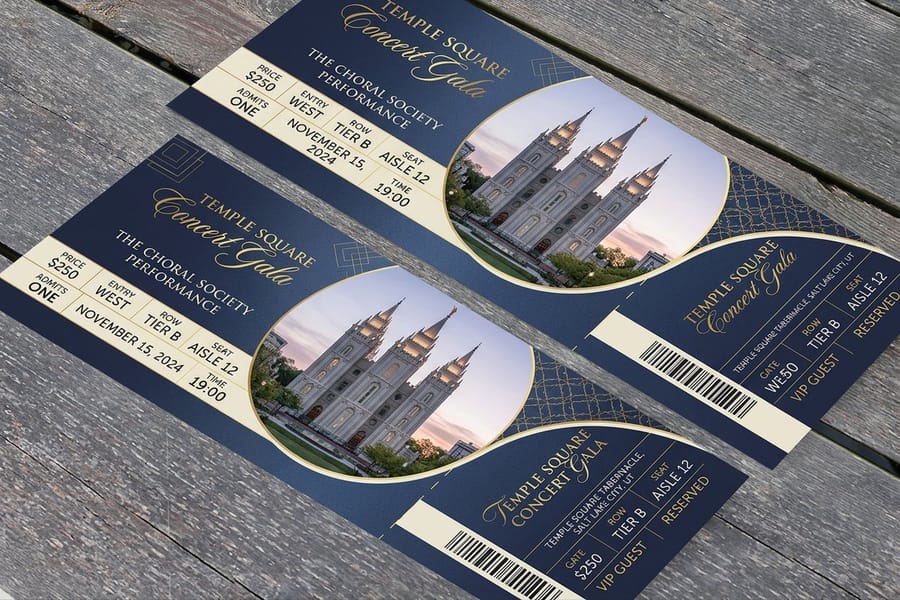 Square event tickets printed by 4OVER4 showing a tear-off stub and a printed running number