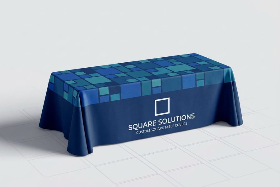 Square table cover printed by 4OVER4 arranged with other covers to compare materials