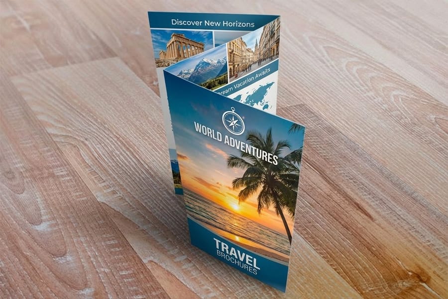 Different brochure fold styles printed by 4OVER4, including tri-fold and gate fold