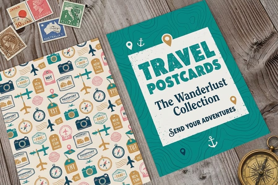 Travel postcards printed by 4OVER4 stacked to show front and back print quality