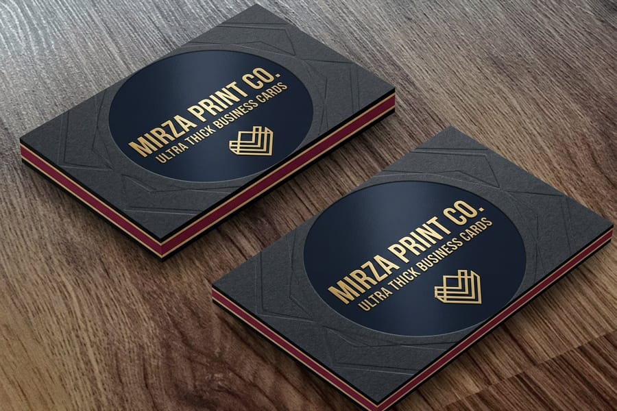 Ultra-thick business cards showing a substantial printed edge, from 4OVER4.COM