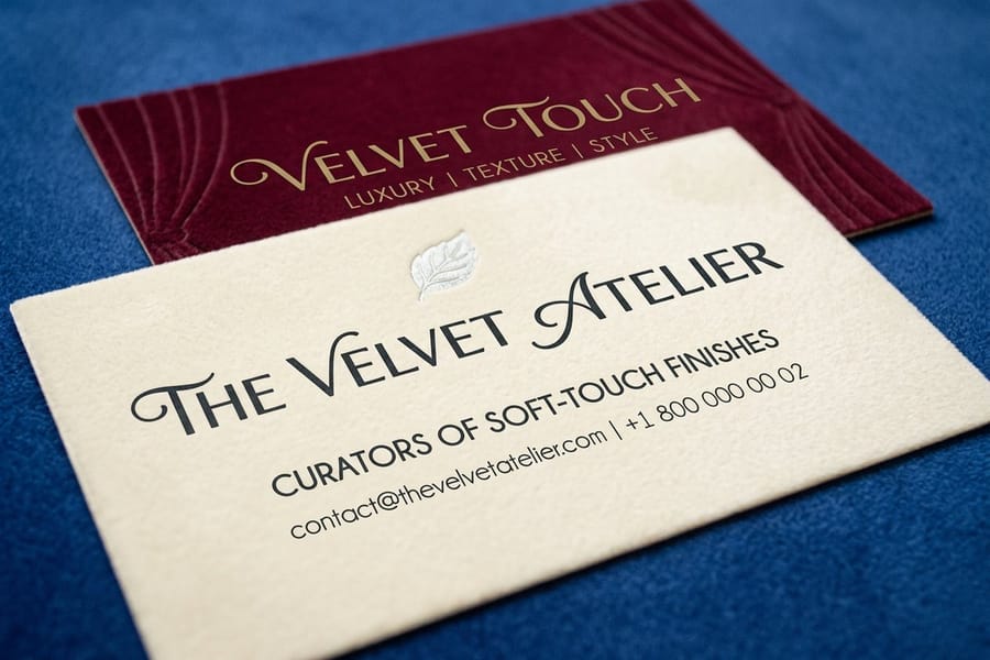 Velvet business cards printed by 4OVER4 with a soft touch matte laminate