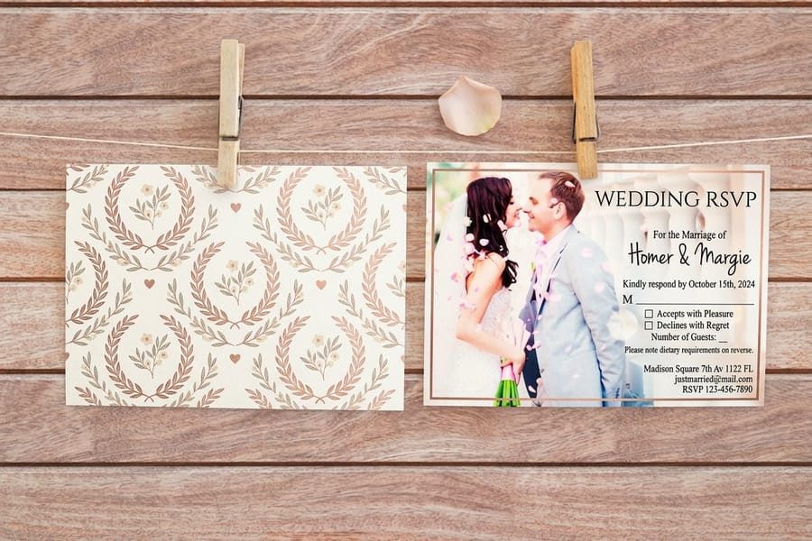 Wedding RSVP card with a QR code printed by 4OVER4