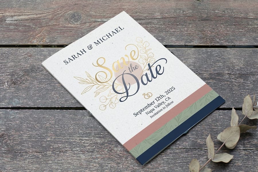 Matching wedding save-the-date card printed by 4OVER4.COM