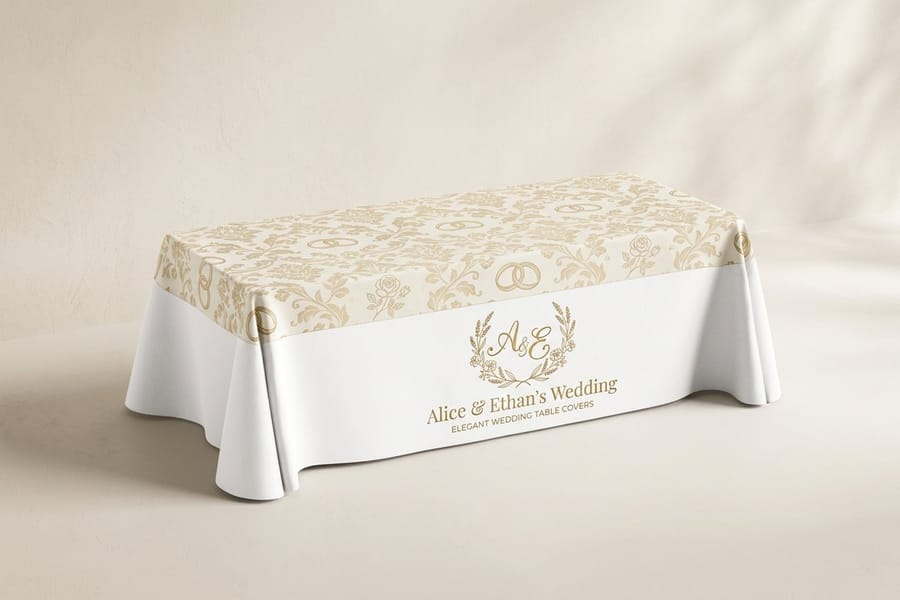 A wedding fabric table cover printed by 4OVER4 styled for an elegant event table