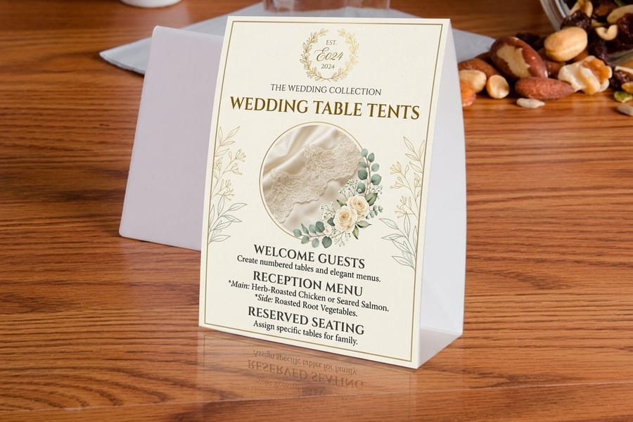 Blank table tent template ready for custom artwork, from 4OVER4