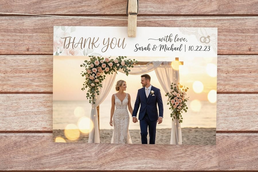 Wedding thank-you card that matches the program, from 4OVER4