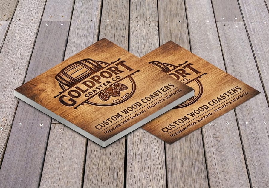 Wood-finish custom drink coaster printed by 4OVER4