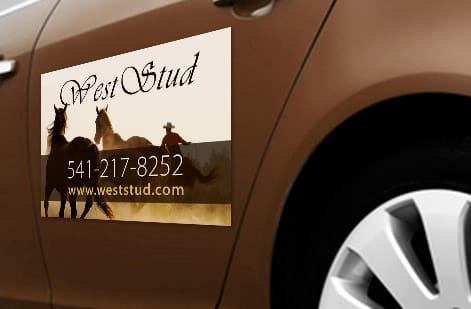 Car magnet placed on a vehicle door for maximum visibility, from 4OVER4.COM