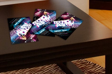 Postcards and flyers printed by 4OVER4 shown side by side