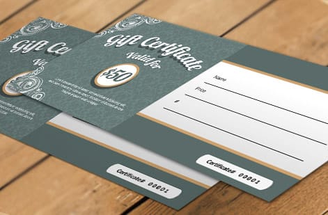 Gift certificate file sized with bleed and safe margin for professional printing