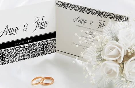 Inside spread of a wedding ceremony program showing the order of service, printed by 4OVER4.COM