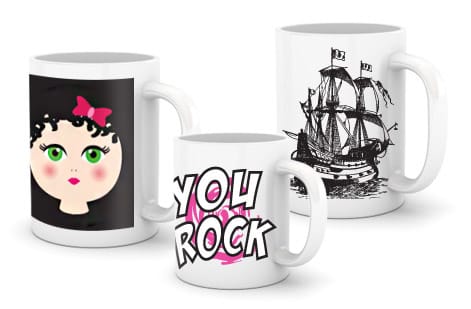 Custom mug showing artwork clearing the handle zone, printed by 4OVER4