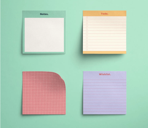 Boxed run of branded sticky note pads ready to ship from 4OVER4