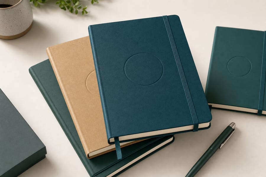 Stack of custom-branded hardcover notebooks printed by 4OVER4 as company swag
