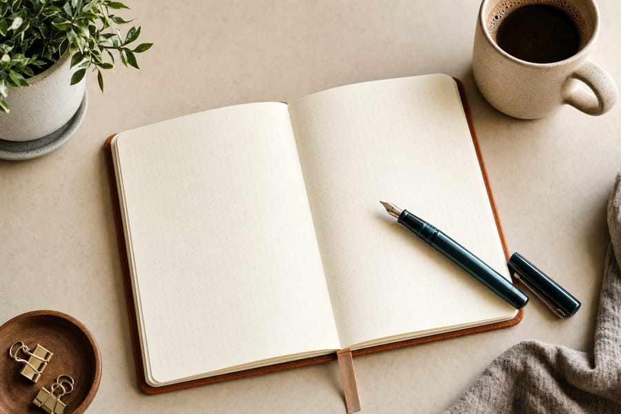 Dot-grid notebook open on a desk, ready for journaling or planning