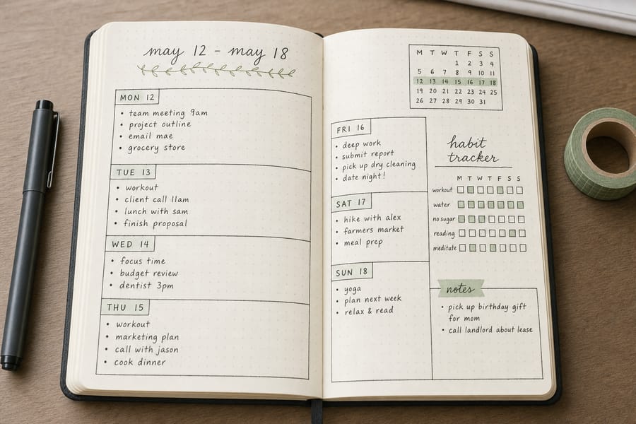 Open dot-grid journal spread with a handwritten planner layout