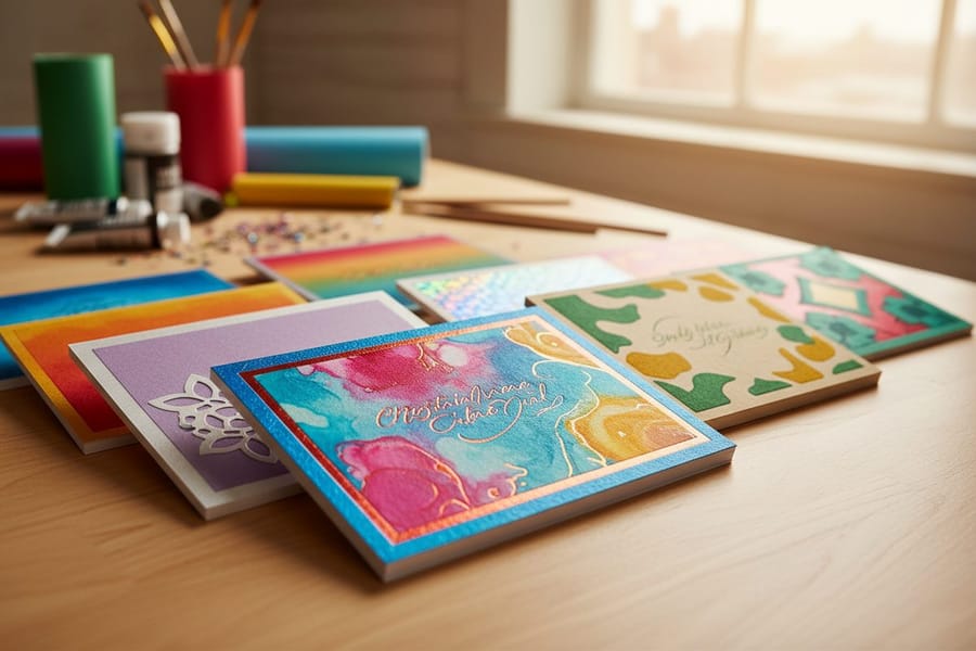 A range of custom gift card designs at standard dimensions, printed by 4OVER4